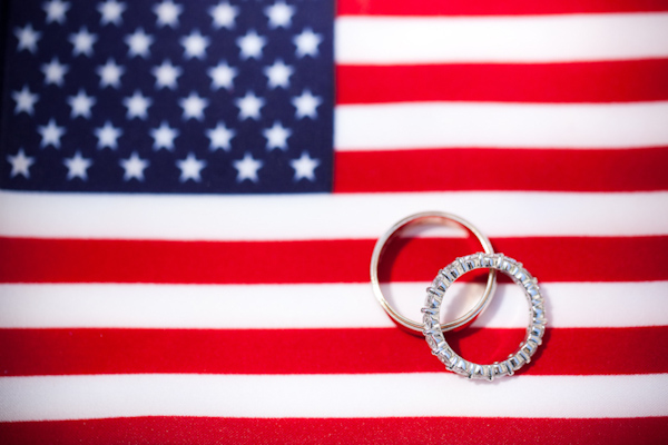 wedding band display on an American flag background - photo by Washington DC wedding photojournalist Paul Morse